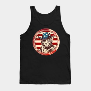 Cat in Hat Retro American USA Flag 4th July Pop Art Cat Lovers Tank Top